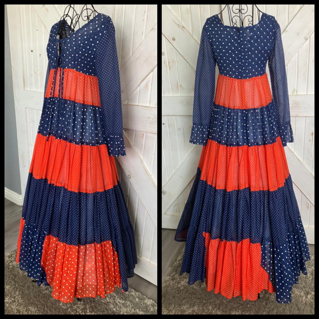 70's Vintage Gunne Sax Black Label Joseph Magnin Blue Red White Polka Dot Prairie Maxi Dress
