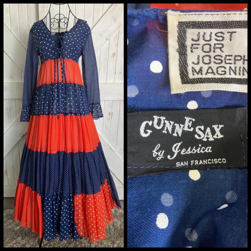 70's Vintage Gunne Sax Black Label Joseph Magnin Blue Red White Polka Dot Prairie Maxi Dress