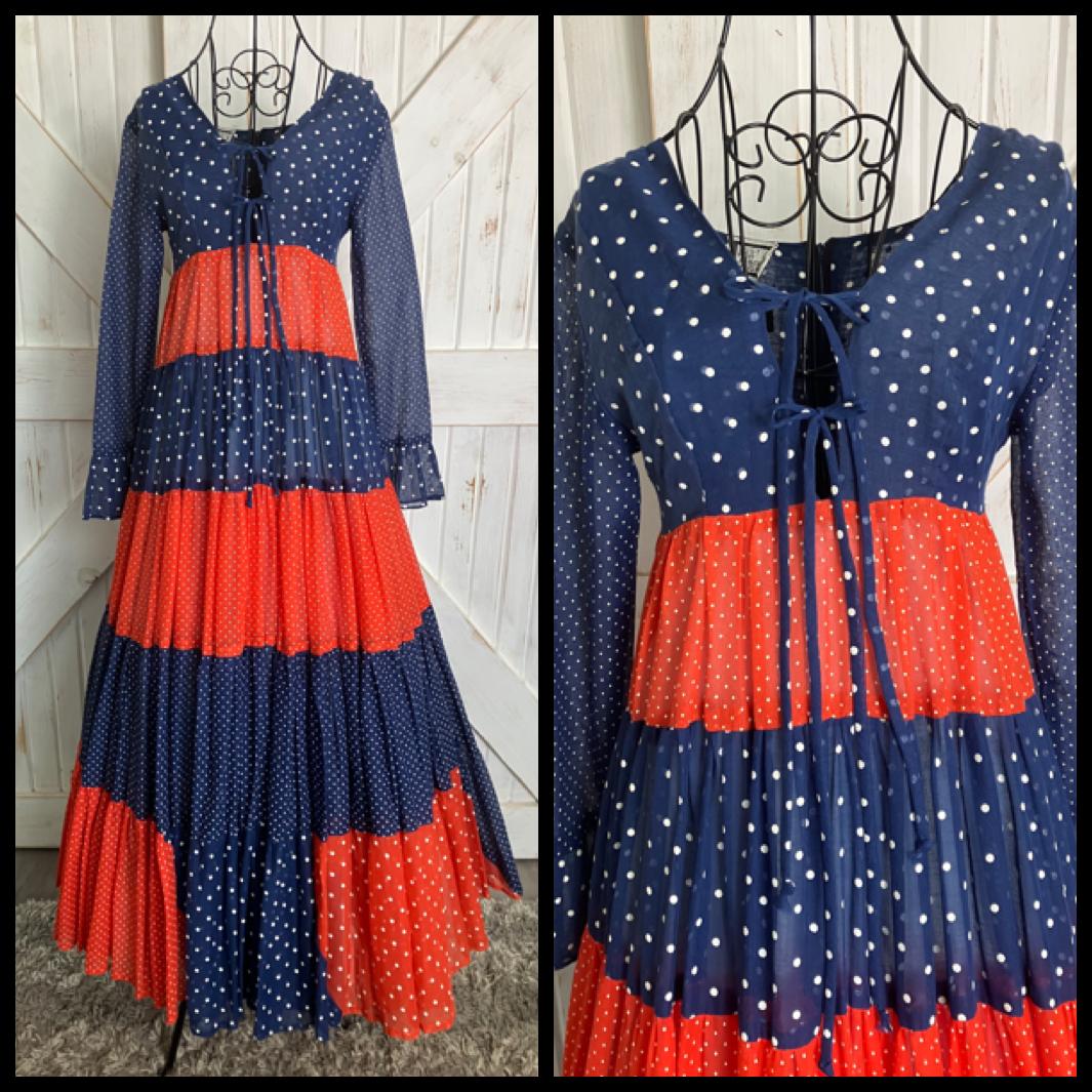 70's Vintage Gunne Sax Black Label Joseph Magnin Blue Red White Polka Dot Prairie Maxi Dress
