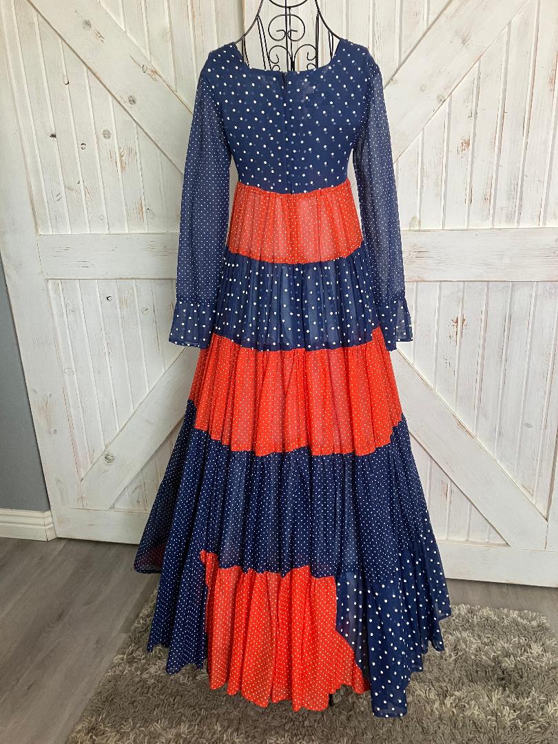 70's Vintage Gunne Sax Black Label Joseph Magnin Blue Red White Polka Dot Prairie Maxi Dress