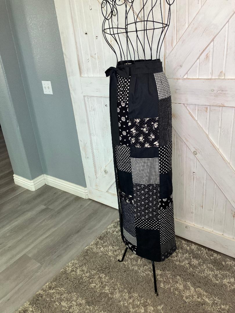 70's Vintage Handmade Black White Calico Polka Dot Gingham Plaid Patchwork Prairie Wrap Maxi Skirt