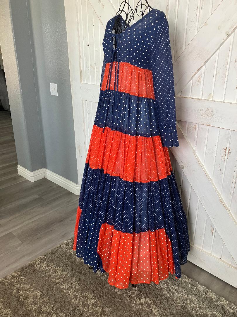 70's Vintage Gunne Sax Black Label Joseph Magnin Blue Red White Polka Dot Prairie Maxi Dress