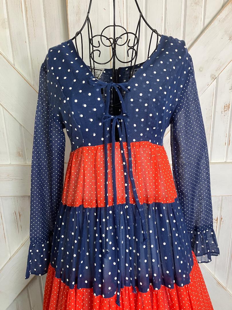 70's Vintage Gunne Sax Black Label Joseph Magnin Blue Red White Polka Dot Prairie Maxi Dress