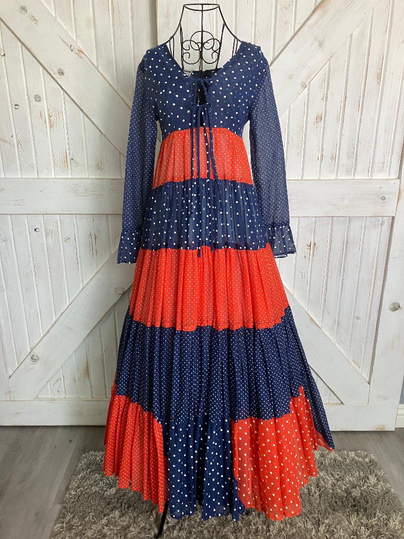70's Vintage Gunne Sax Black Label Joseph Magnin Blue Red White Polka Dot Prairie Maxi Dress