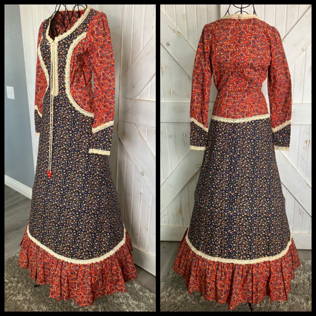 70's Vintage Gunne Sax Red Blue Calico Western Cowgirl Prairie Corset Maxi Dress