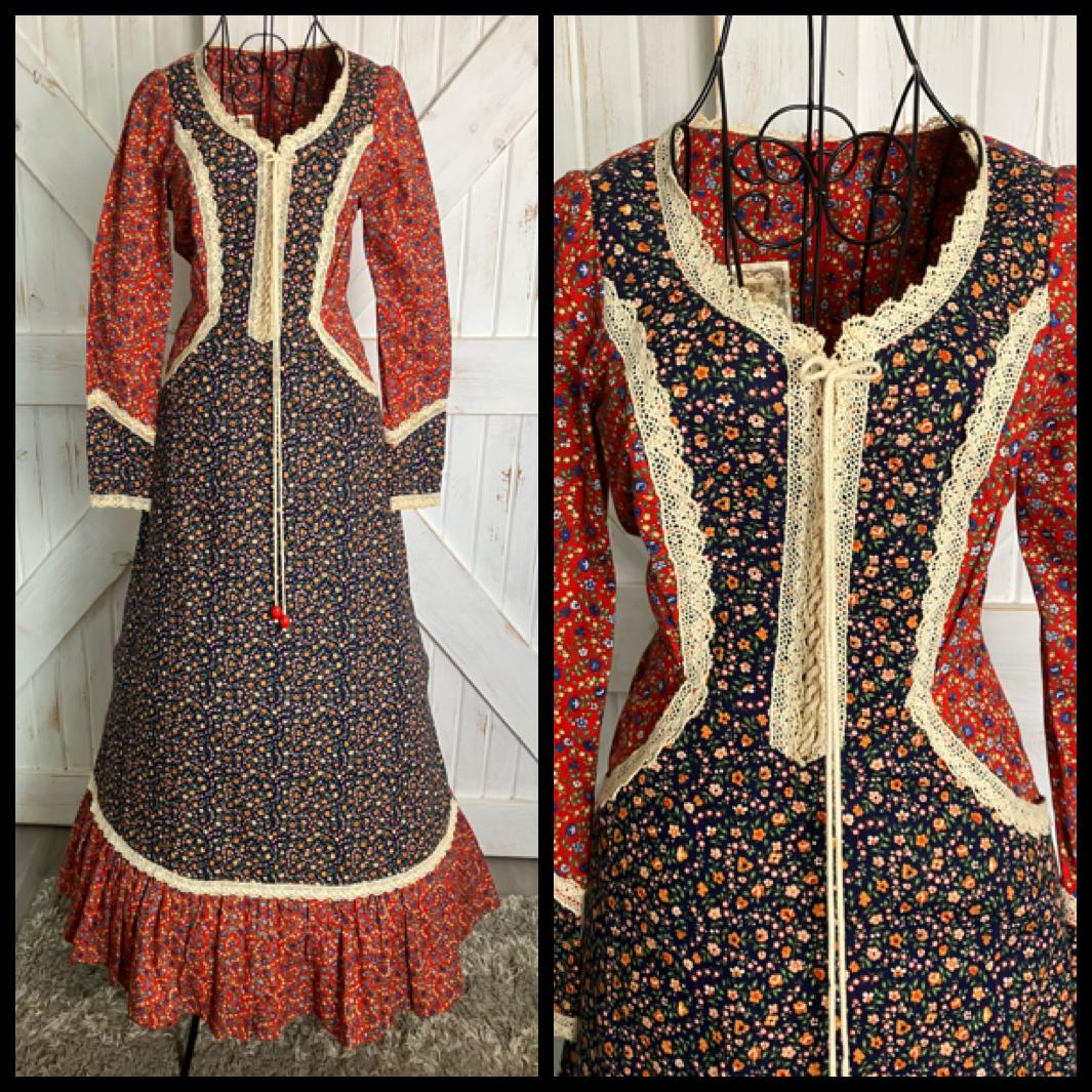 70's Vintage Gunne Sax Red Blue Calico Western Cowgirl Prairie Corset Maxi Dress
