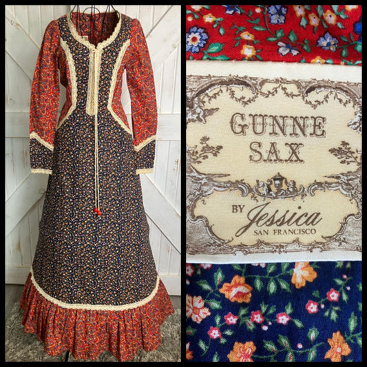 70's Vintage Gunne Sax Red Blue Calico Western Cowgirl Prairie Corset Maxi Dress
