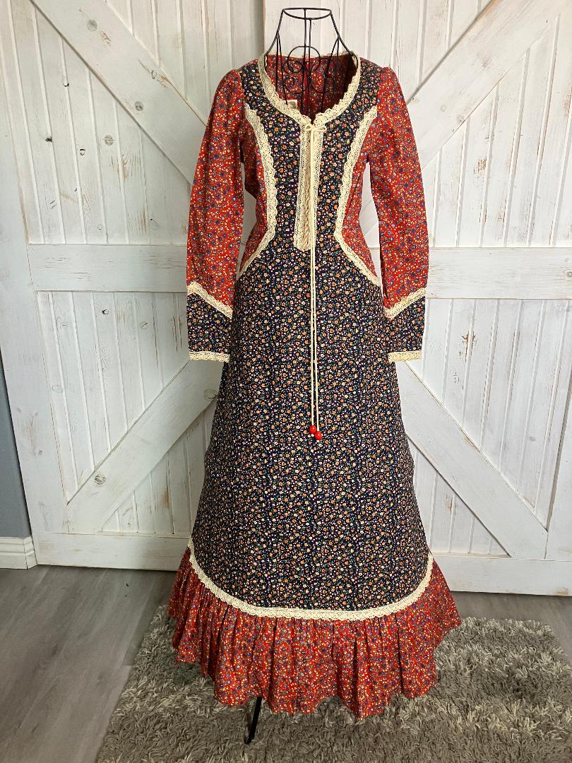 70's Vintage Gunne Sax Red Blue Calico Western Cowgirl Prairie Corset Maxi Dress