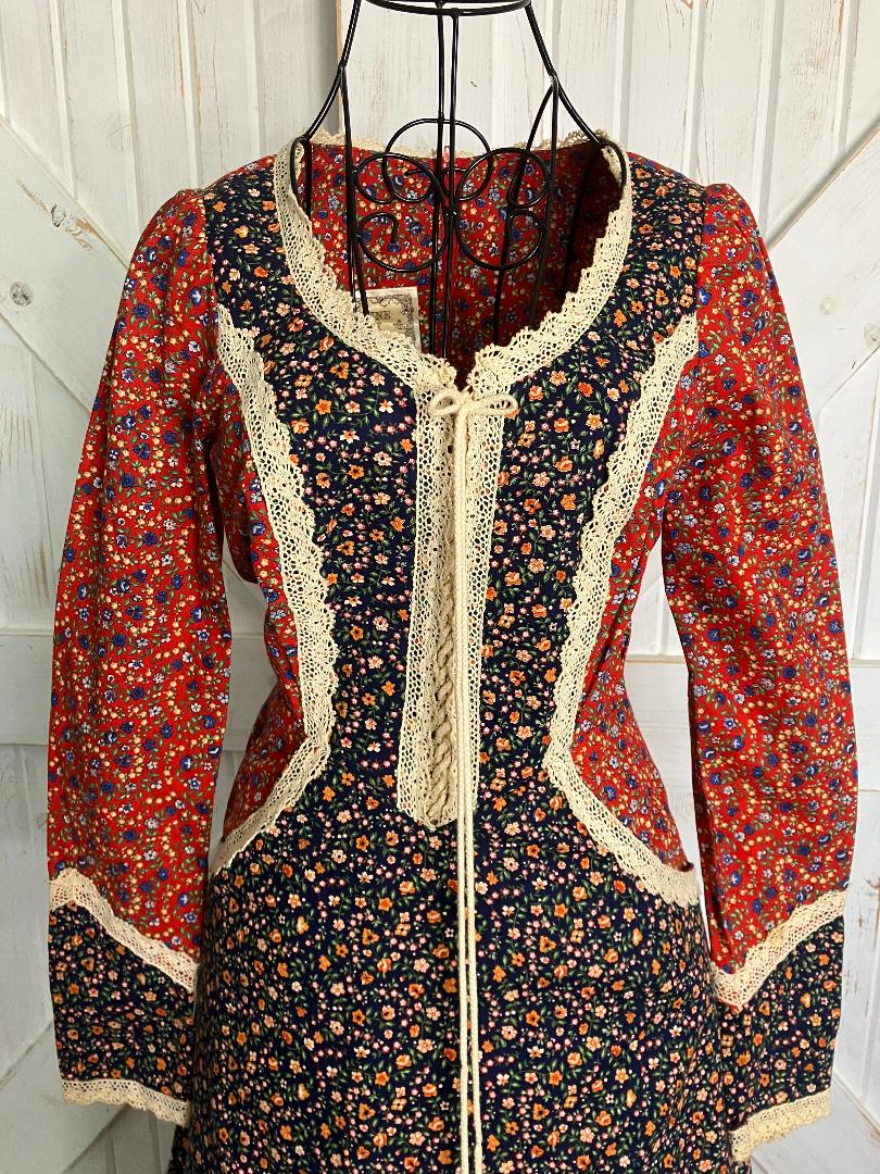 70's Vintage Gunne Sax Red Blue Calico Western Cowgirl Prairie Corset Maxi Dress