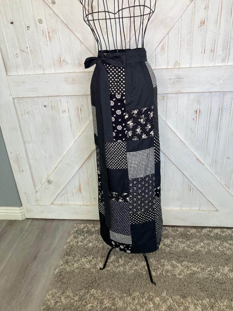 70's Vintage Handmade Black White Calico Polka Dot Gingham Plaid Patchwork Prairie Wrap Maxi Skirt
