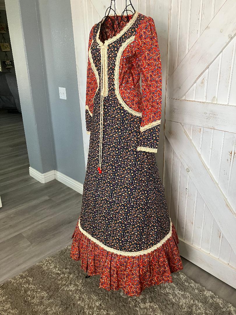 70's Vintage Gunne Sax Red Blue Calico Western Cowgirl Prairie Corset Maxi Dress