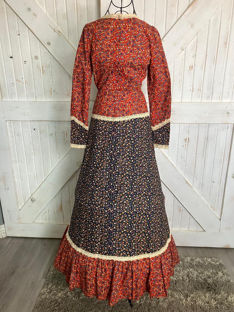 70's Vintage Gunne Sax Red Blue Calico Western Cowgirl Prairie Corset Maxi Dress