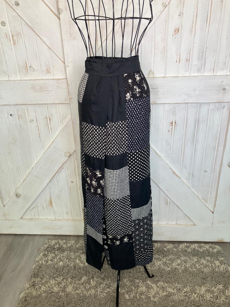 70's Vintage Handmade Black White Calico Polka Dot Gingham Plaid Patchwork Prairie Wrap Maxi Skirt
