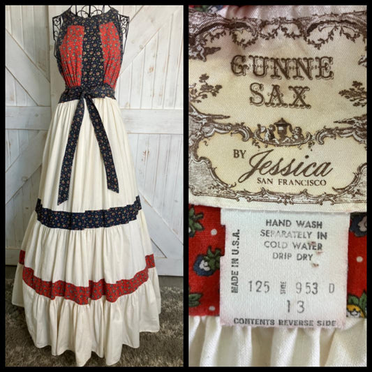 70's Vintage Gunne Sax Red Blue White Calico Halter Western Prairie Maxi Dress 13