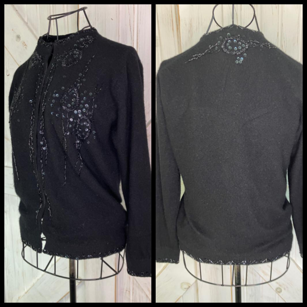 60's Vintage Imperial Imports Wool Angora Black Hand Beaded Cardigan Sweater