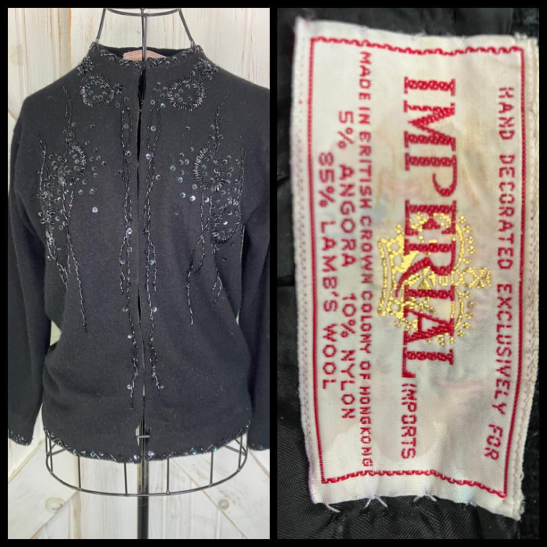 60's Vintage Imperial Imports Wool Angora Black Hand Beaded Cardigan Sweater