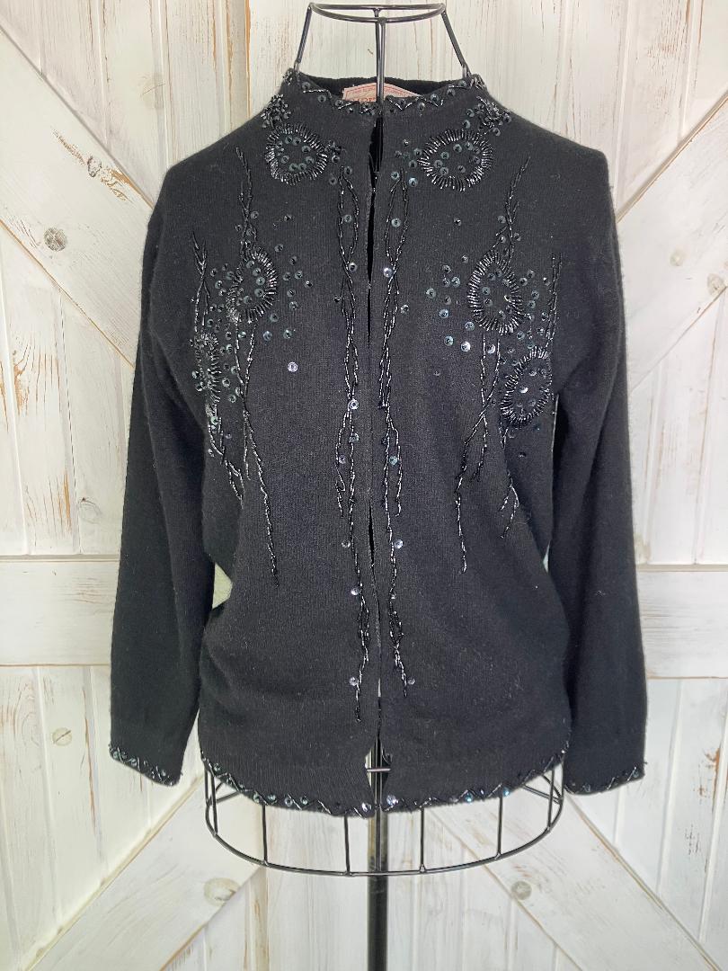 60's Vintage Imperial Imports Wool Angora Black Hand Beaded Cardigan Sweater
