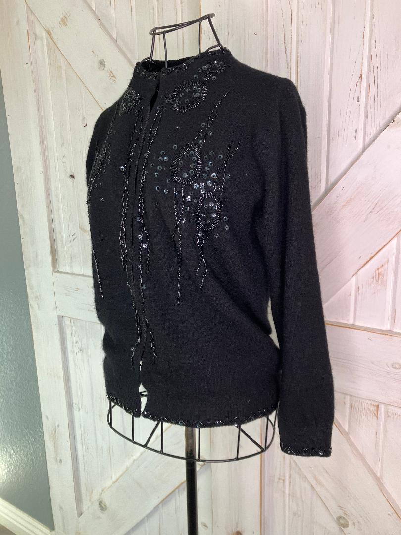 60's Vintage Imperial Imports Wool Angora Black Hand Beaded Cardigan Sweater
