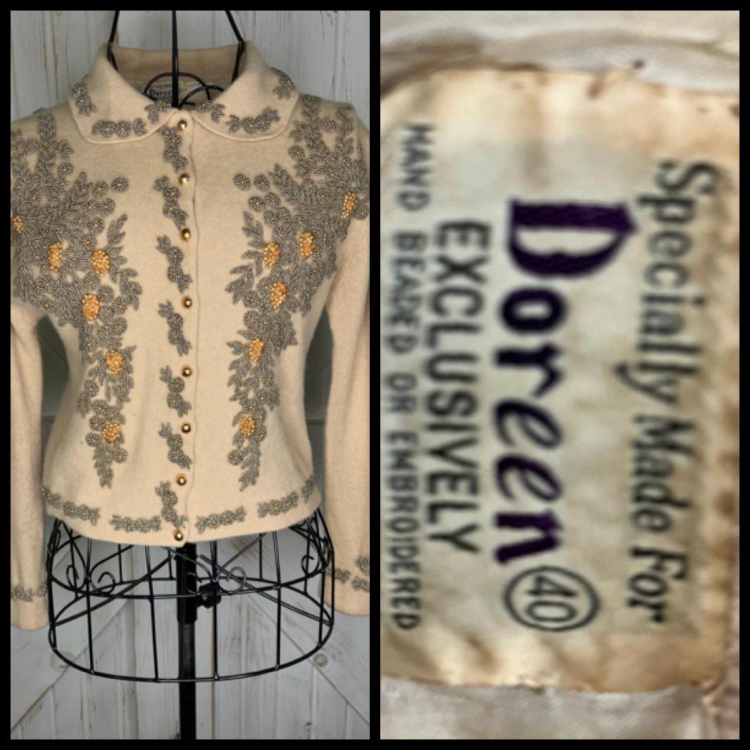 60's Vintage Doreen Cream Beige Gold Hand Beaded Dapper Cardigan Sweater