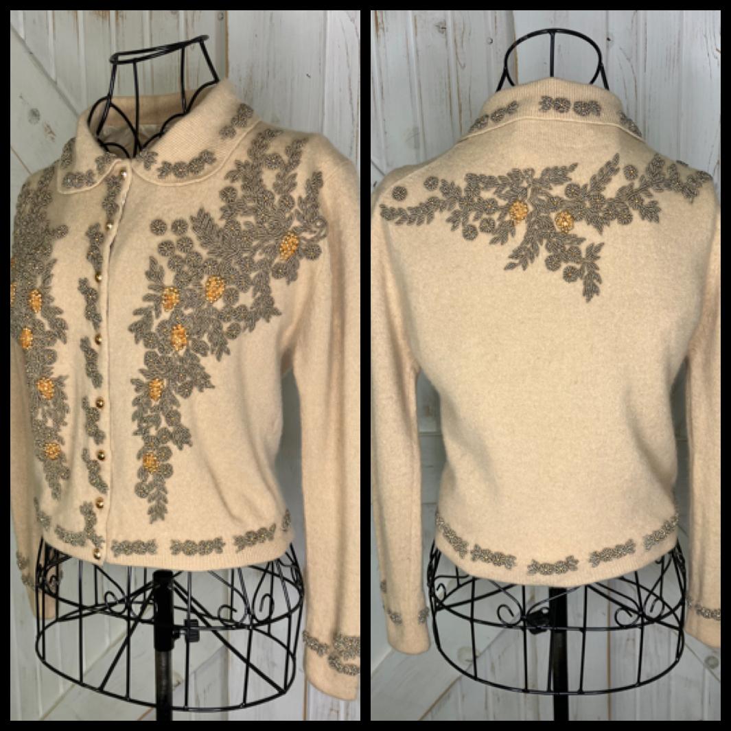 60's Vintage Doreen Cream Beige Gold Hand Beaded Dapper Cardigan Sweater