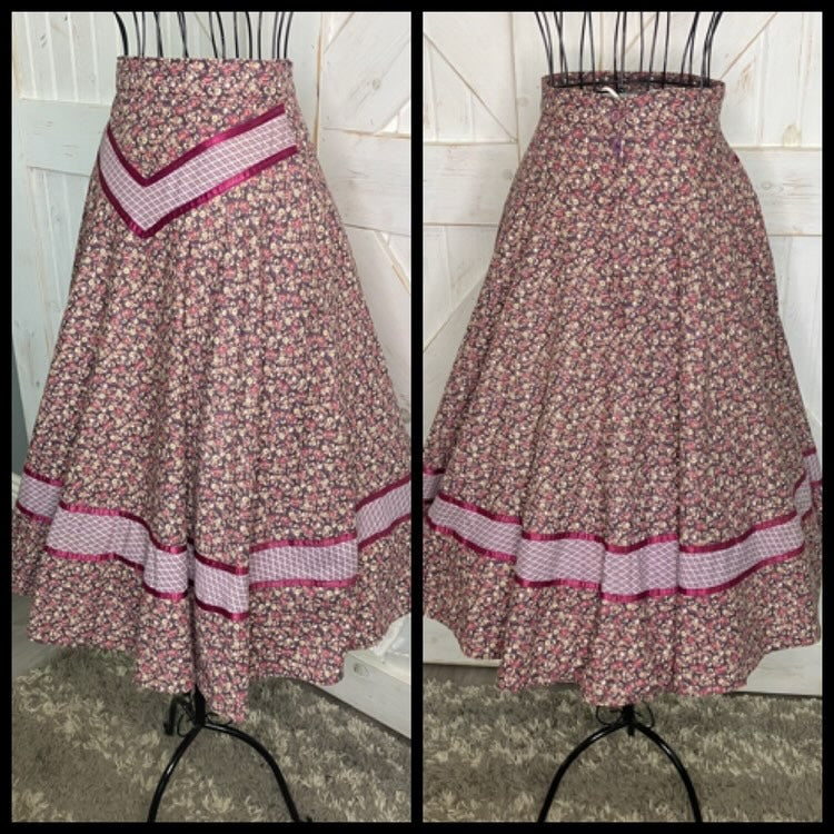 70's Vintage Gunne Sax Jessica's Gunnies Purple Pink Birds Bees Calico Novelty Print Prairie Midi Skirt
