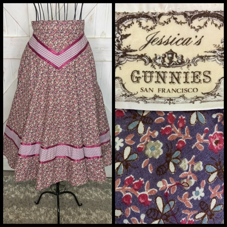 70's Vintage Gunne Sax Jessica's Gunnies Purple Pink Birds Bees Calico Novelty Print Prairie Midi Skirt