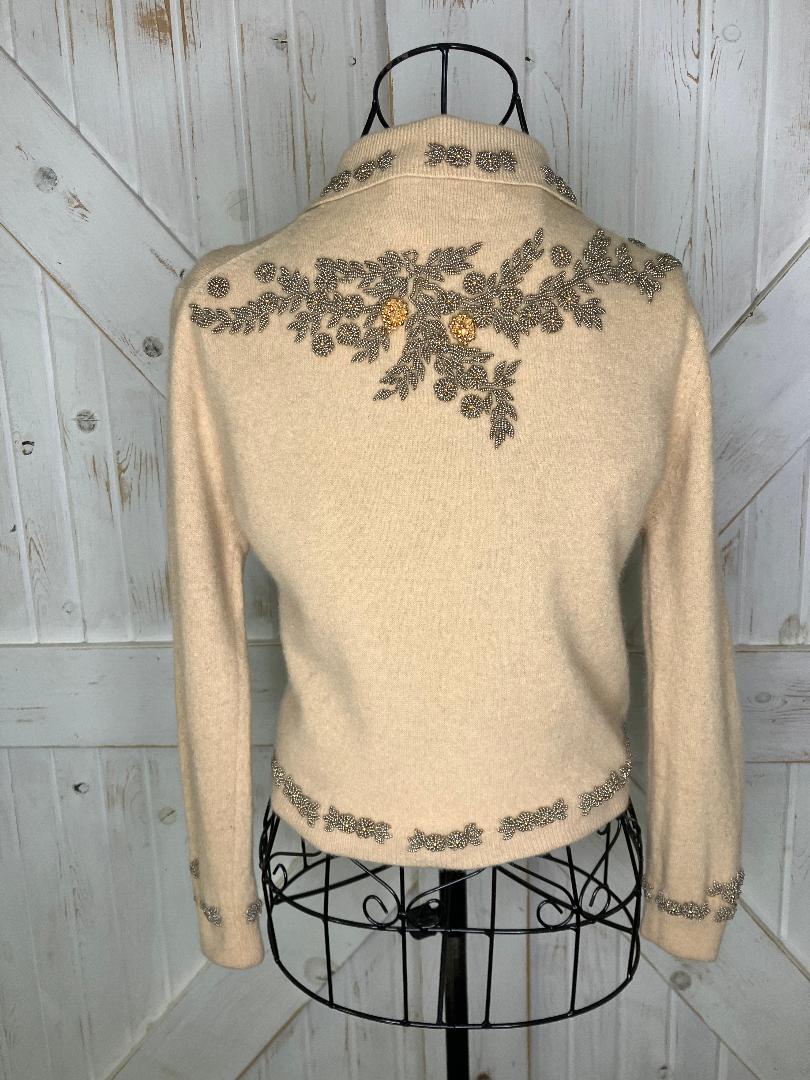60's Vintage Doreen Cream Beige Gold Hand Beaded Dapper Cardigan Sweater
