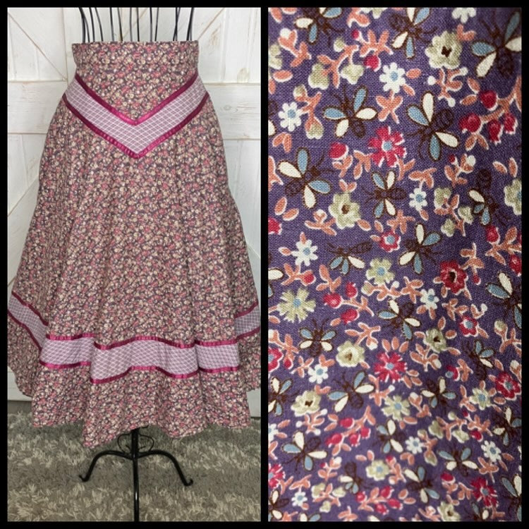 70's Vintage Gunne Sax Jessica's Gunnies Purple Pink Birds Bees Calico Novelty Print Prairie Midi Skirt