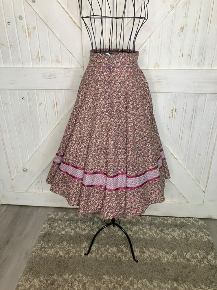70's Vintage Gunne Sax Jessica's Gunnies Purple Pink Birds Bees Calico Novelty Print Prairie Midi Skirt