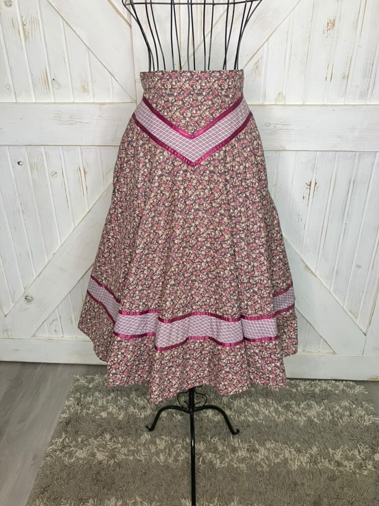 70's Vintage Gunne Sax Jessica's Gunnies Purple Pink Birds Bees Calico Novelty Print Prairie Midi Skirt