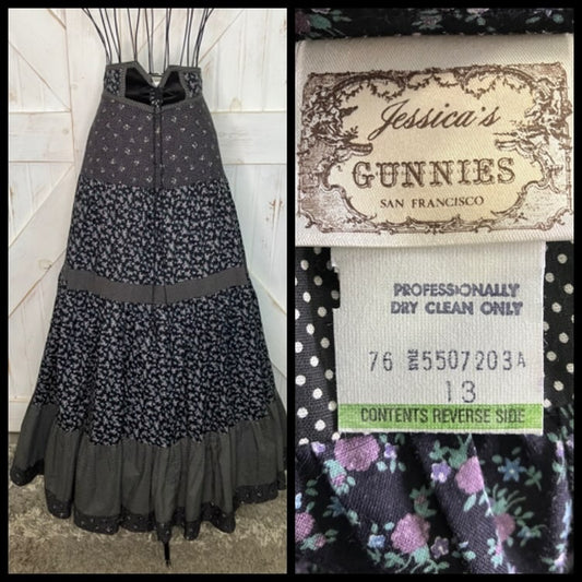 70's Vintage Gunne Sax Jessica's Gunnies Black Calico Velvet Corset Waist Prairie Goth Maxi Skirt 13