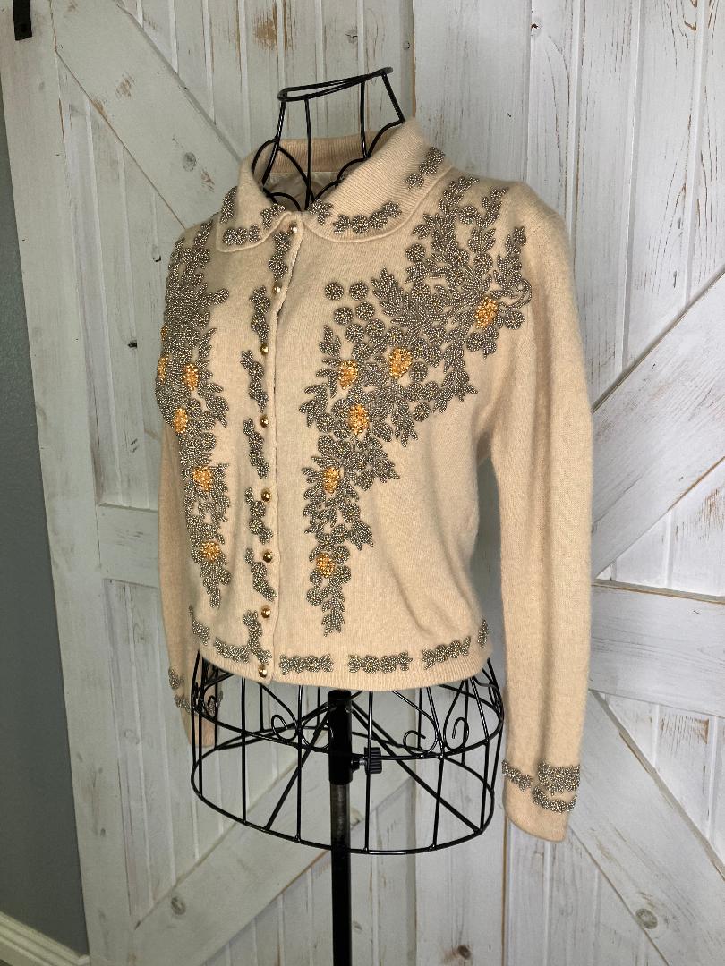 60's Vintage Doreen Cream Beige Gold Hand Beaded Dapper Cardigan Sweater
