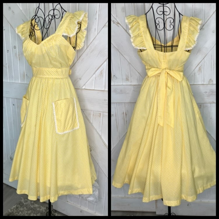 70's Vintage Young Edwardian Arpeja Yellow White Gingham Babydoll Dolly Pinafore Prairie Mini Dress