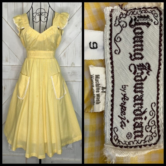 70's Vintage Young Edwardian Arpeja Yellow White Gingham Babydoll Dolly Pinafore Prairie Mini Dress