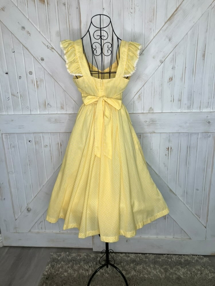 70's Vintage Young Edwardian Arpeja Yellow White Gingham Babydoll Dolly Pinafore Prairie Mini Dress