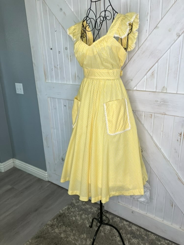 70's Vintage Young Edwardian Arpeja Yellow White Gingham Babydoll Dolly Pinafore Prairie Mini Dress