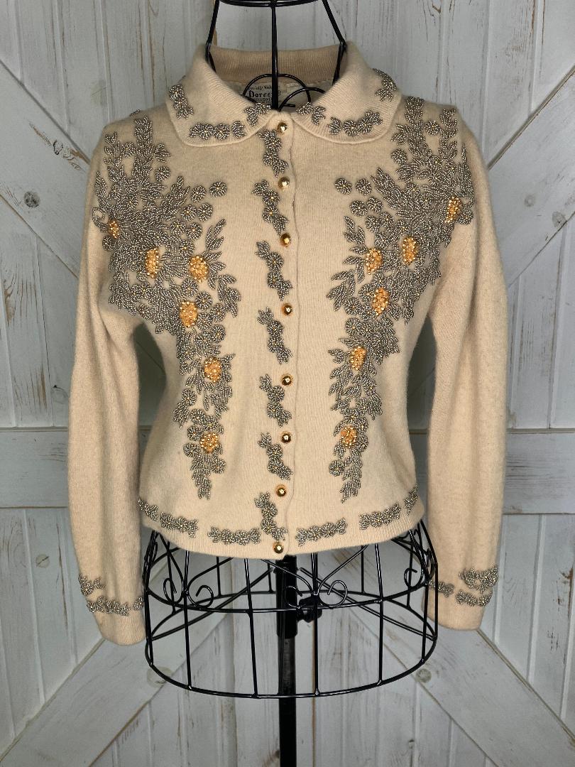 60's Vintage Doreen Cream Beige Gold Hand Beaded Dapper Cardigan Sweater