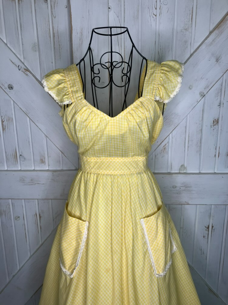 70's Vintage Young Edwardian Arpeja Yellow White Gingham Babydoll Dolly Pinafore Prairie Mini Dress