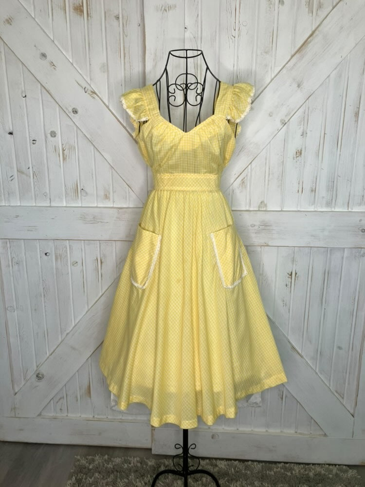 70's Vintage Young Edwardian Arpeja Yellow White Gingham Babydoll Dolly Pinafore Prairie Mini Dress