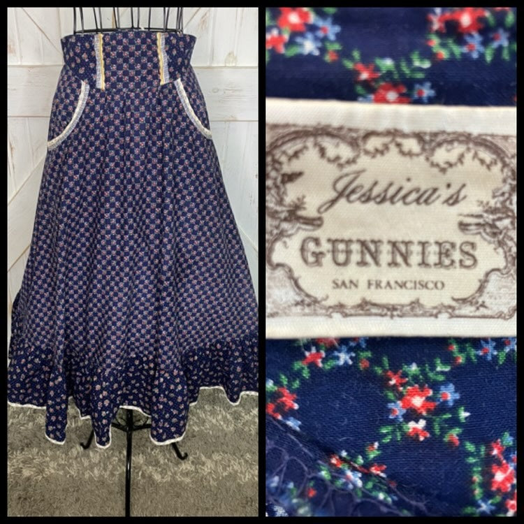 70's Vintage Gunne Sax Jessica's Gunnies Blue Red Green Calico Prairie Midi Skirt