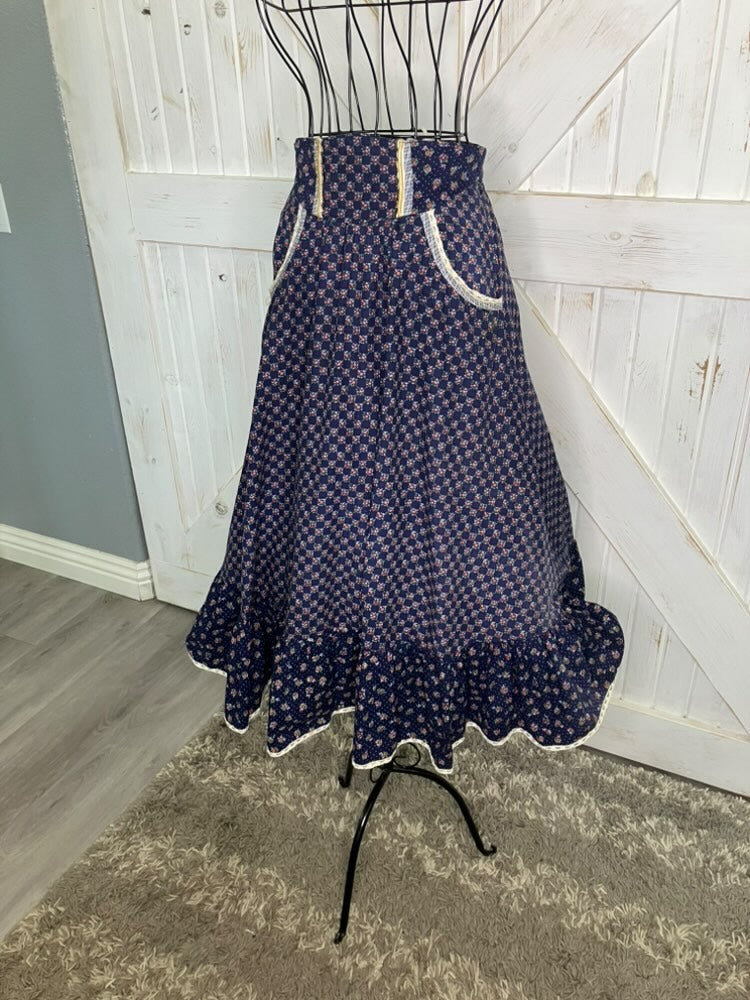 70's Vintage Gunne Sax Jessica's Gunnies Blue Red Green Calico Prairie Midi Skirt