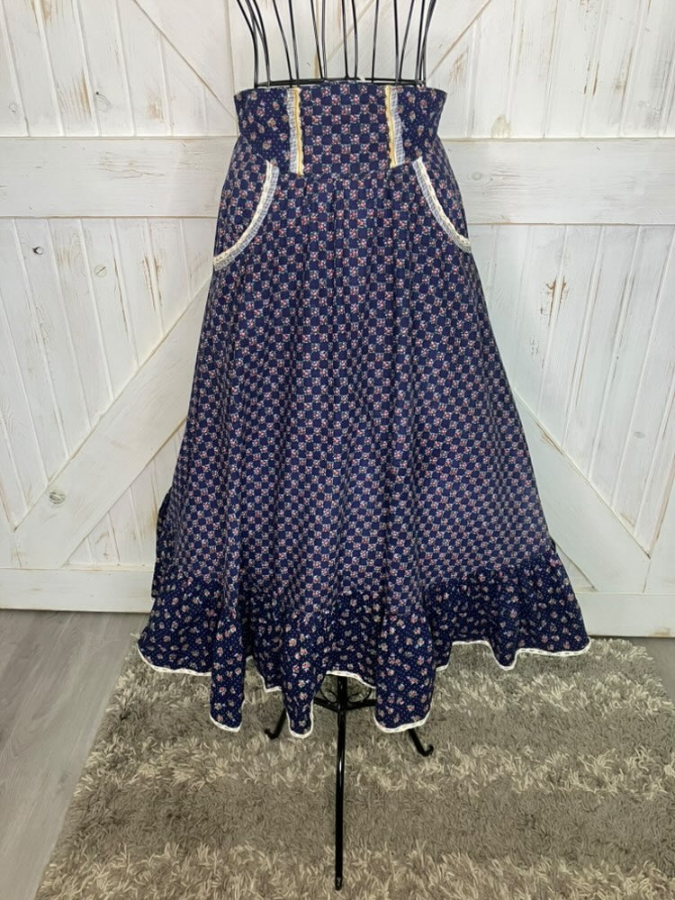 70's Vintage Gunne Sax Jessica's Gunnies Blue Red Green Calico Prairie Midi Skirt