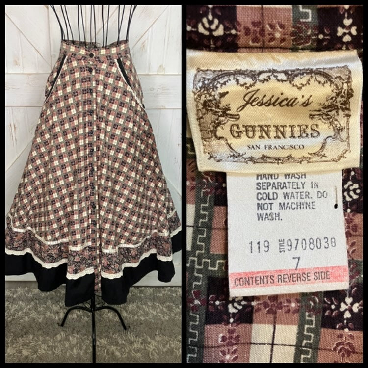 70's Vintage Gunne Sax Jessica's Gunnies Red White Black Plaid Child Print Lamplighter Prairie Midi Skirt 7