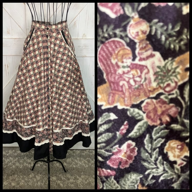 70's Vintage Gunne Sax Jessica's Gunnies Red White Black Plaid Child Print Lamplighter Prairie Midi Skirt 7