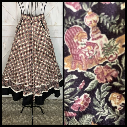70's Vintage Gunne Sax Jessica's Gunnies Red White Black Plaid Child Print Lamplighter Prairie Midi Skirt 7
