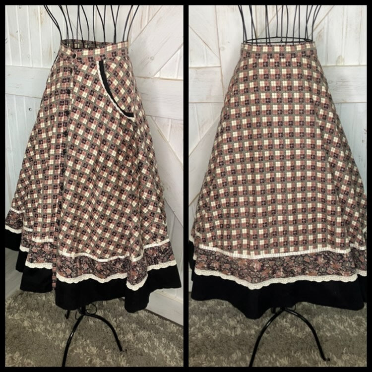 70's Vintage Gunne Sax Jessica's Gunnies Red White Black Plaid Child Print Lamplighter Prairie Midi Skirt 7