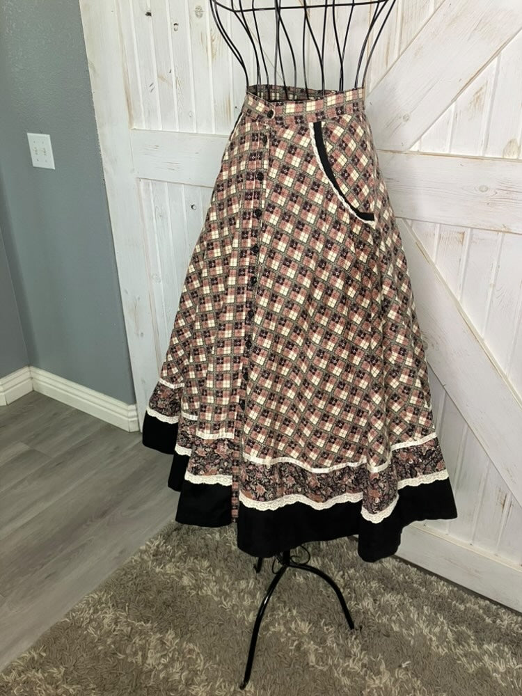 70's Vintage Gunne Sax Jessica's Gunnies Red White Black Plaid Child Print Lamplighter Prairie Midi Skirt 7
