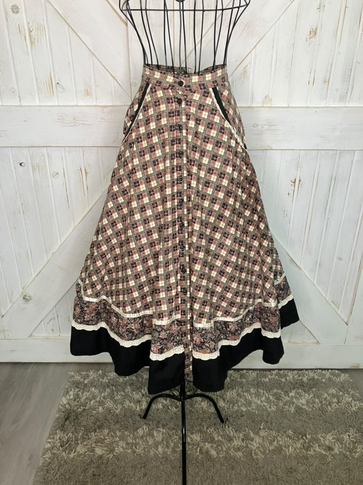 70's Vintage Gunne Sax Jessica's Gunnies Red White Black Plaid Child Print Lamplighter Prairie Midi Skirt 7