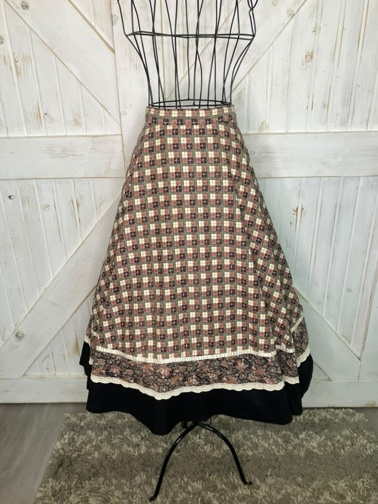 70's Vintage Gunne Sax Jessica's Gunnies Red White Black Plaid Child Print Lamplighter Prairie Midi Skirt 7