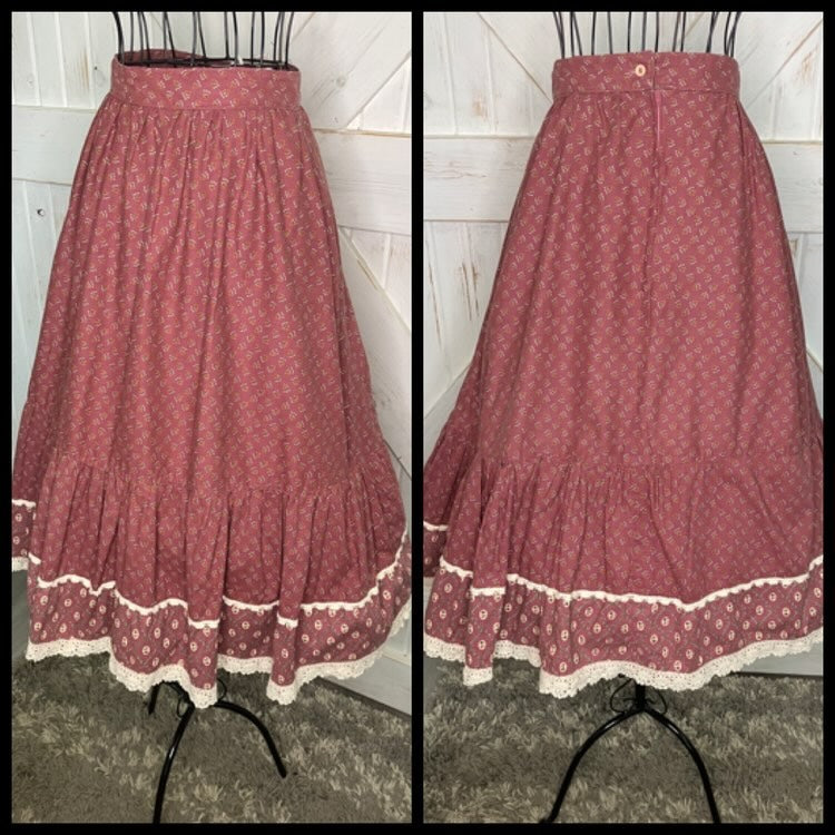70's Vintage Gunne Sax Jessica's Gunnies Pink White Calico Prairie Midi Skirt 9 *ALTERED HEM
